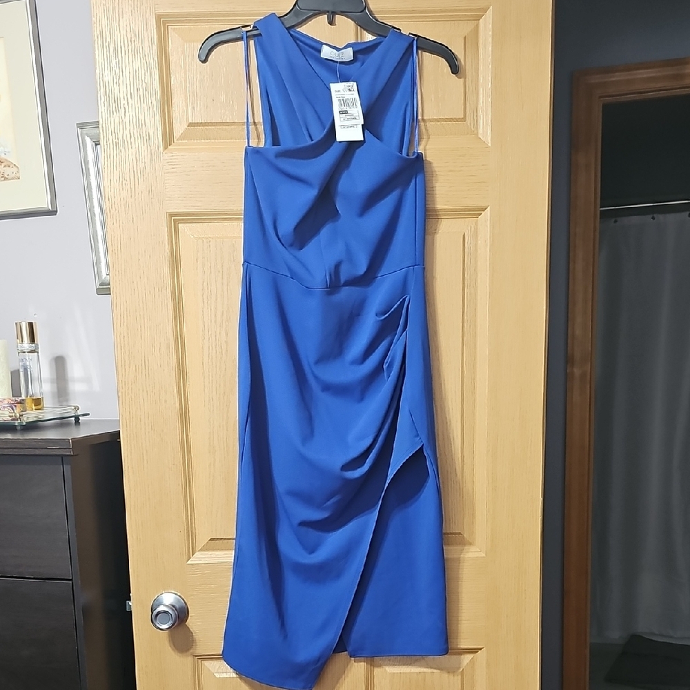 Blue Ruched Asymmetrical Halter Dress